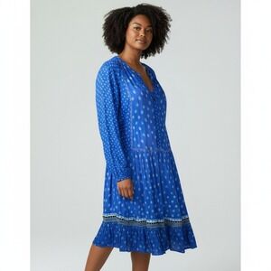 BLANK LONDON Blue Polka Dot Tiered Midi Dress Long Sleeve V Neck Womens Sz 1X
